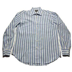 ZARA Mens Size 16 Blue Striped Cotton LS Shirt